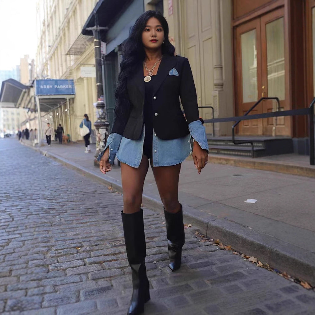 Casual Patchwork Denim Blazer for Women