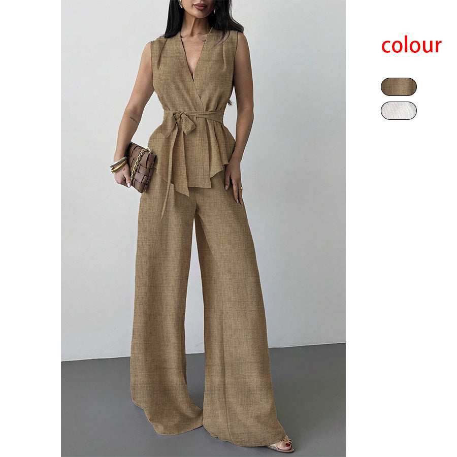 Lace-Up V-Neck Vest & Pants Two-Piece Set