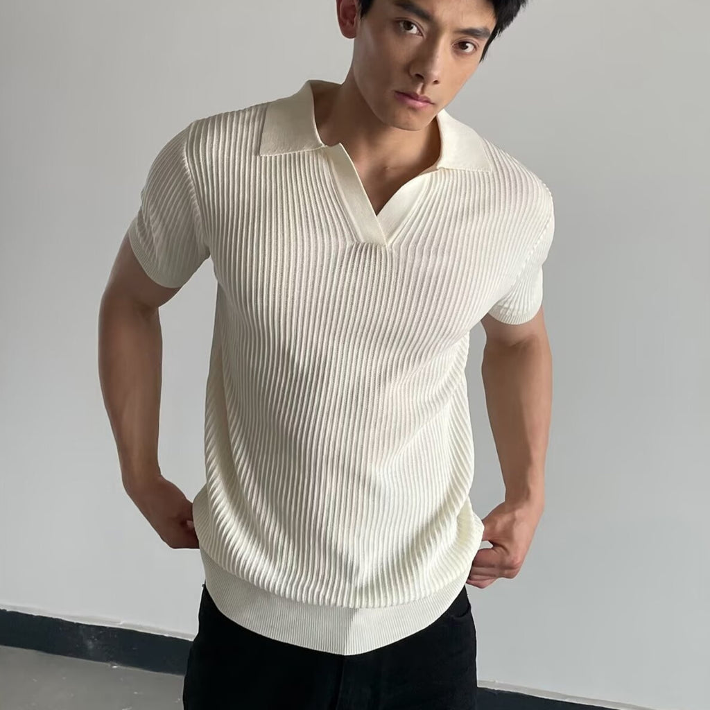 Men’s Slim-Fit V-Neck Short-Sleeve Knit with Striped Collar