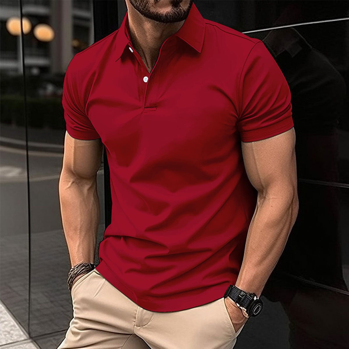 Solid-Color Short-Sleeve Polo Shirt for Men