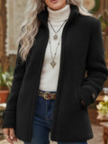 Solid-Color Stand Collar Fleece Zip-Up Jacket for Women