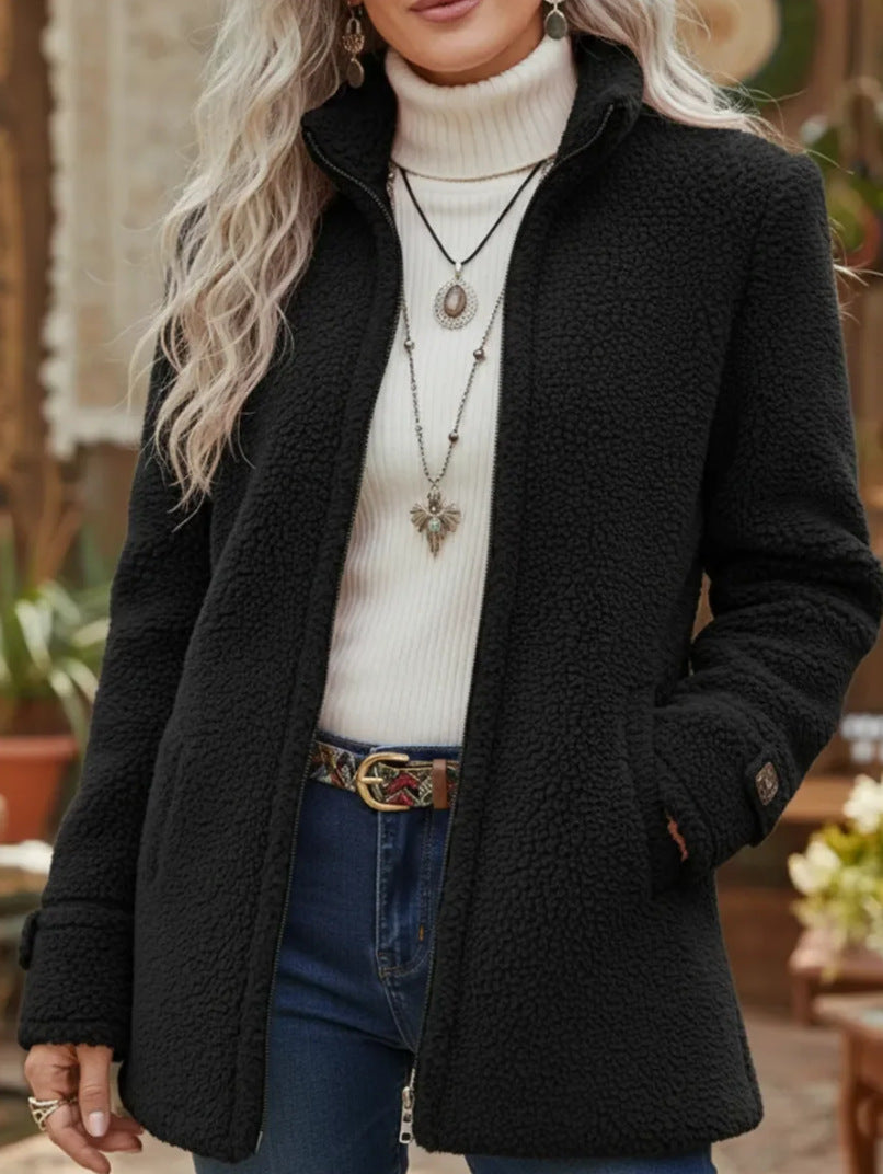 Solid-Color Stand Collar Fleece Zip-Up Jacket for Women
