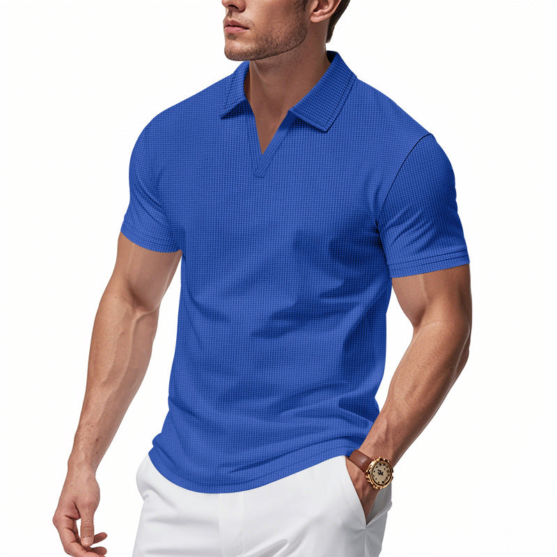 Summer Men's Loose Waffle-Knit V-Neck Short Sleeve Polo Shirt