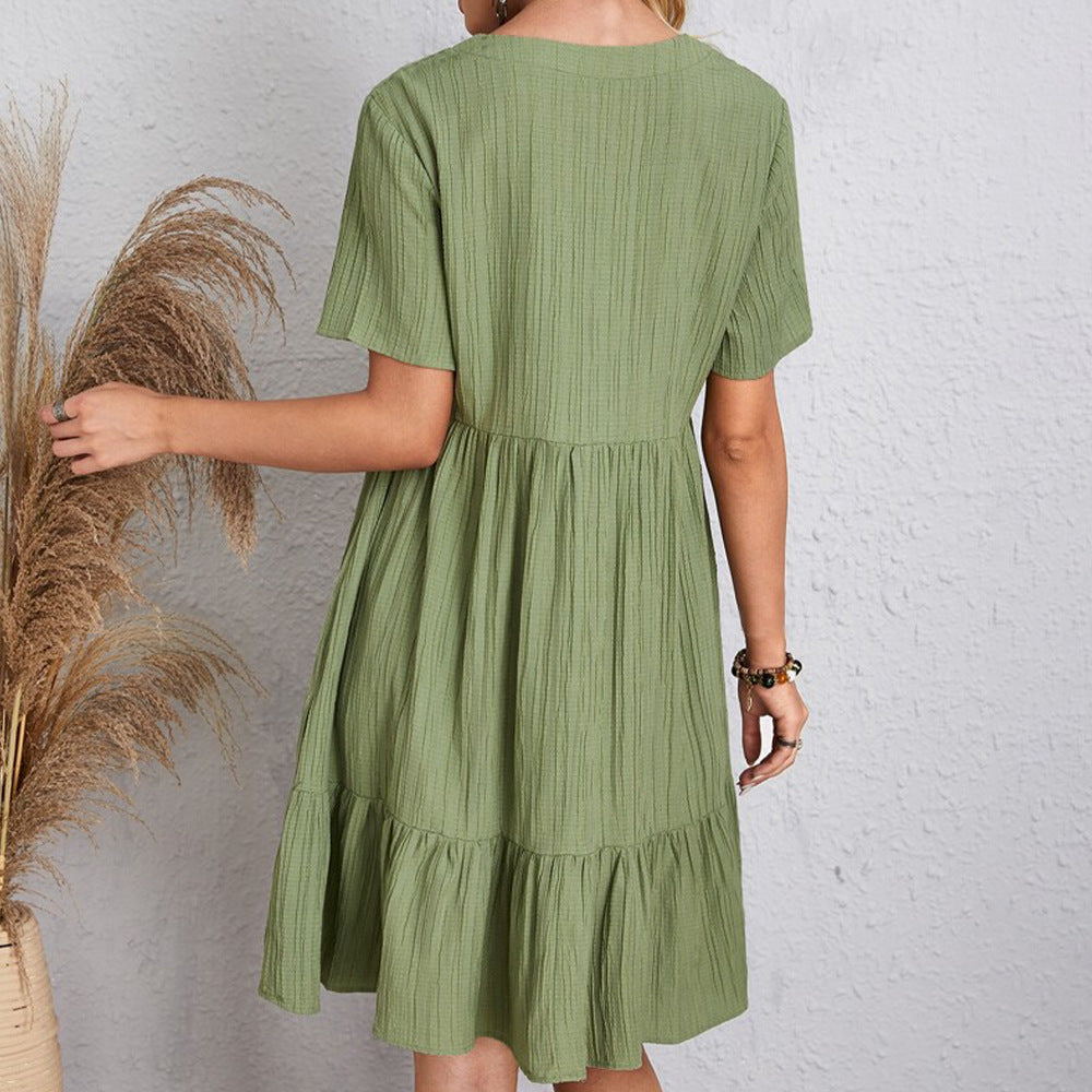 V-Neck Short Sleeve Ruffled Dress