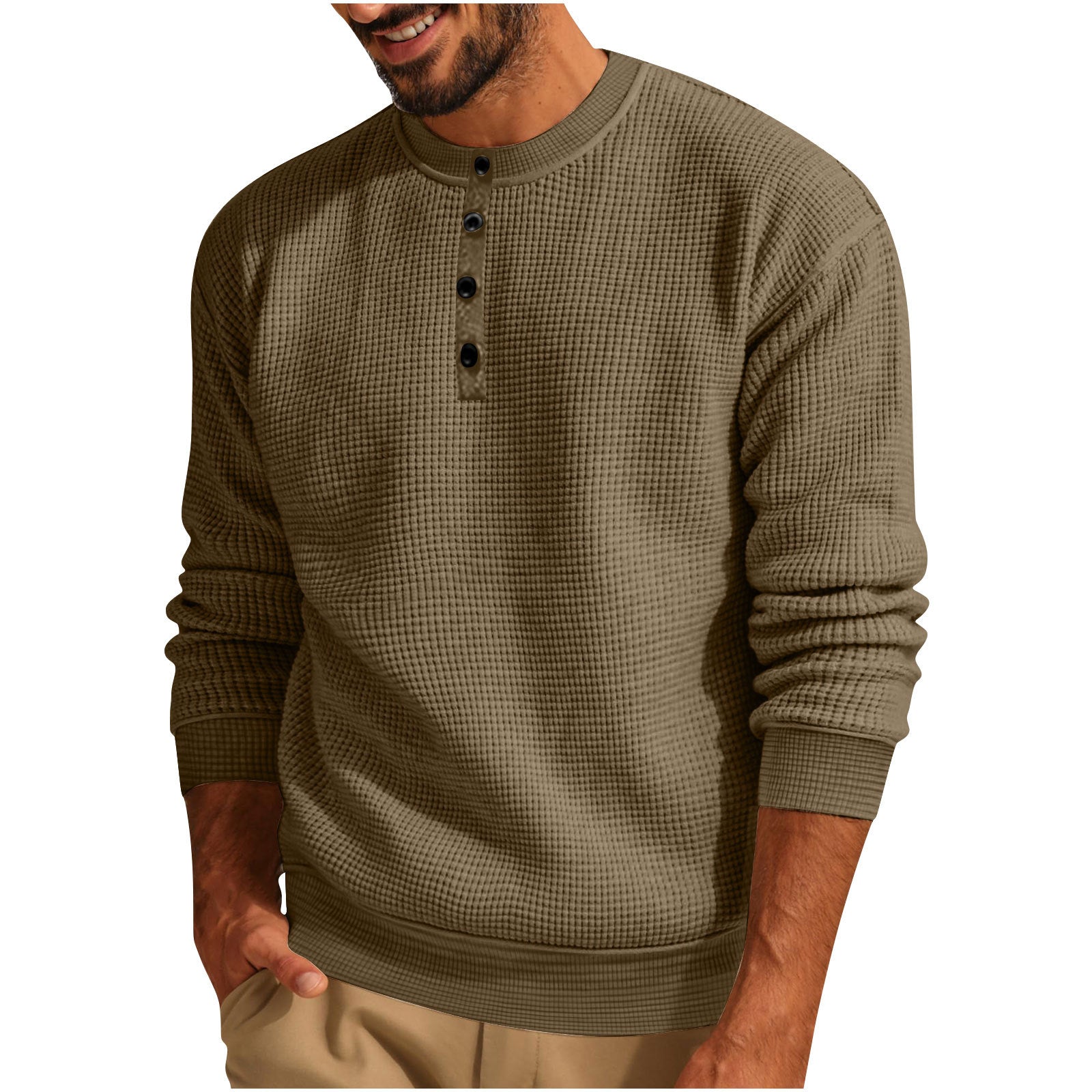Solid-Color Loose Waffle Henley Shirt