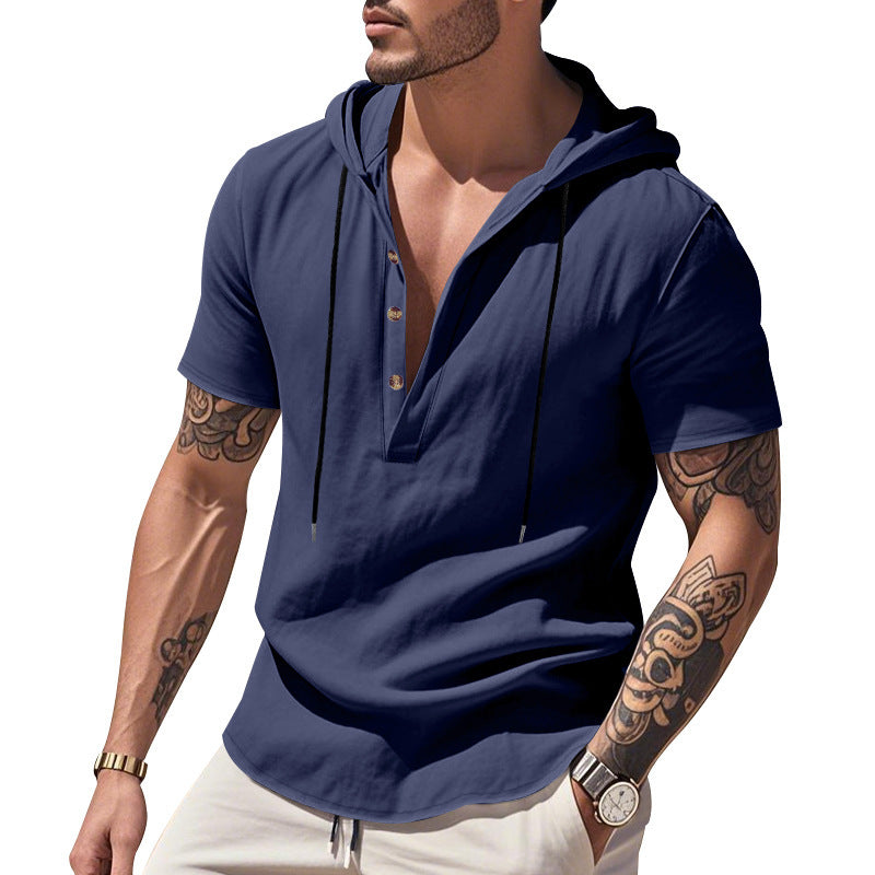 Breathable Linen Hooded Henley Short-Sleeve Shirt