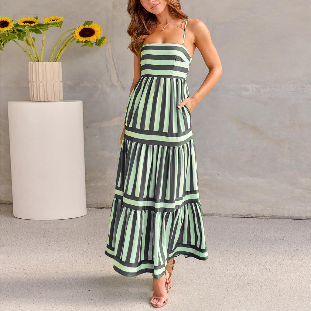 Striped Suspender Long Dress with Pockets