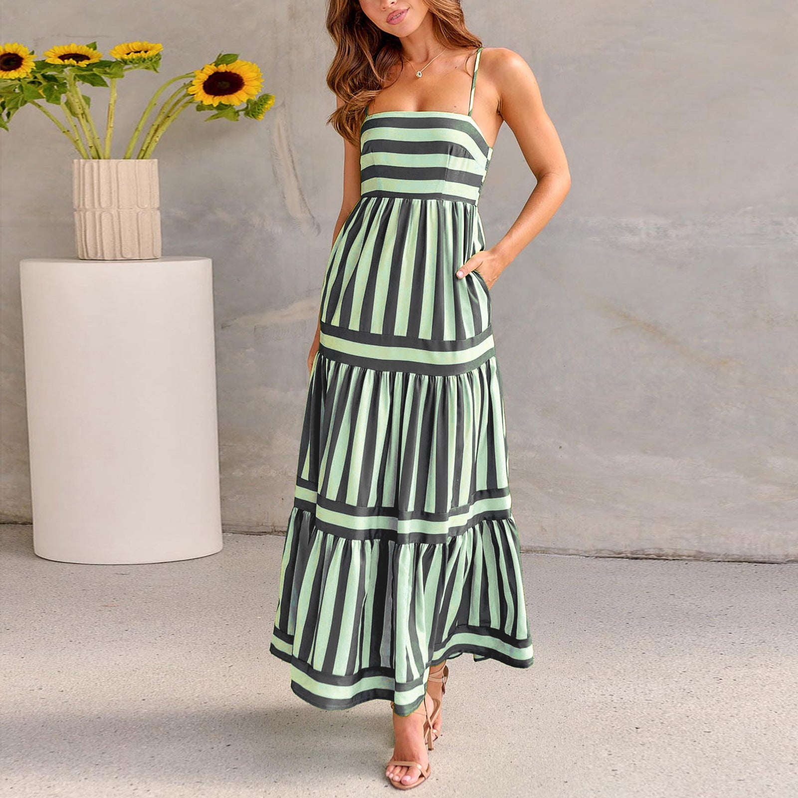 Striped Suspender Long Dress with Pockets