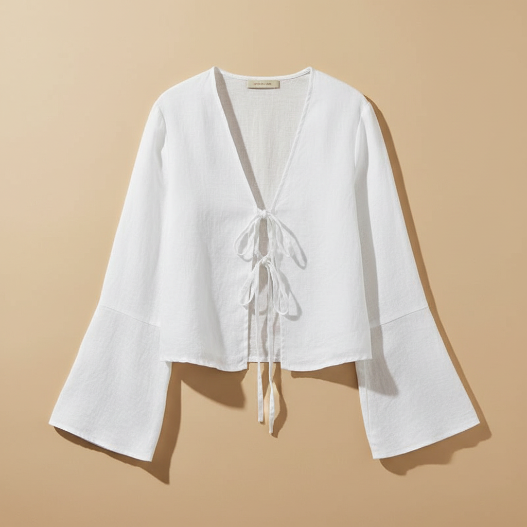 ALOBEE Elegant Lace-Up Bow V-Neck Blouse