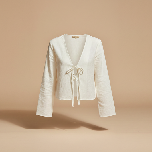 ALOBEE Elegant Lace-Up Bow V-Neck Blouse