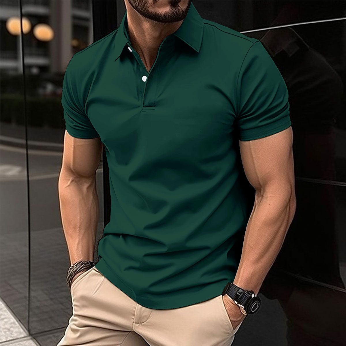 Solid-Color Short-Sleeve Polo Shirt for Men
