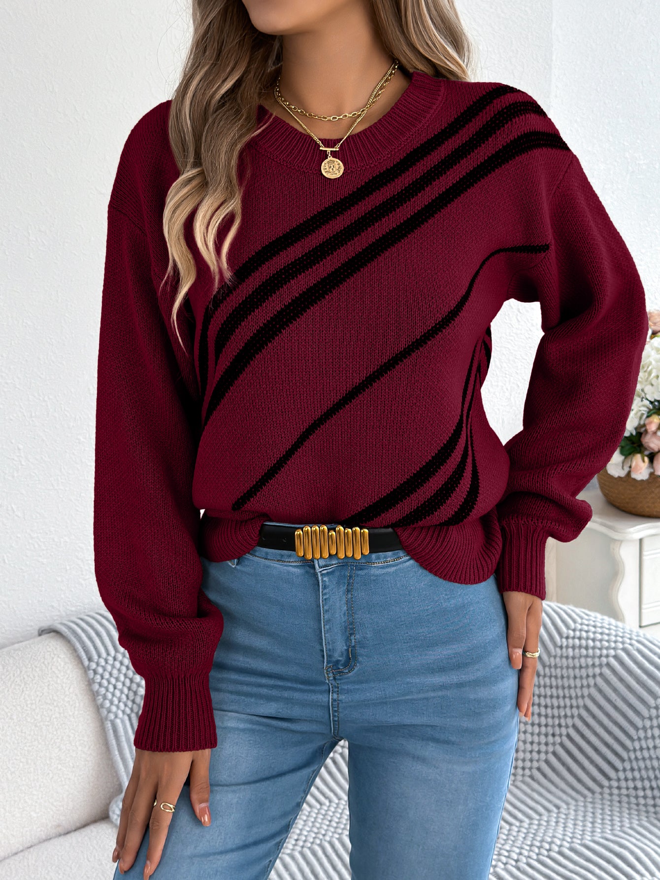 Striped Round-Neck Lantern Sleeve Sweater for Women