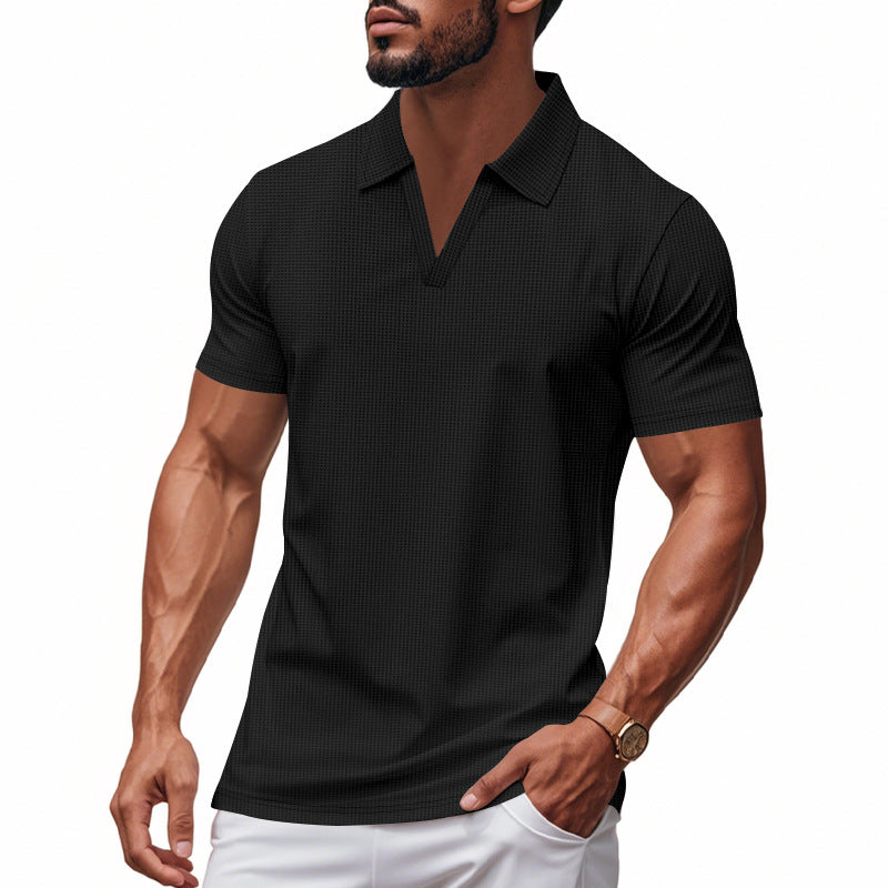 Summer Men's Loose Waffle-Knit V-Neck Short Sleeve Polo Shirt