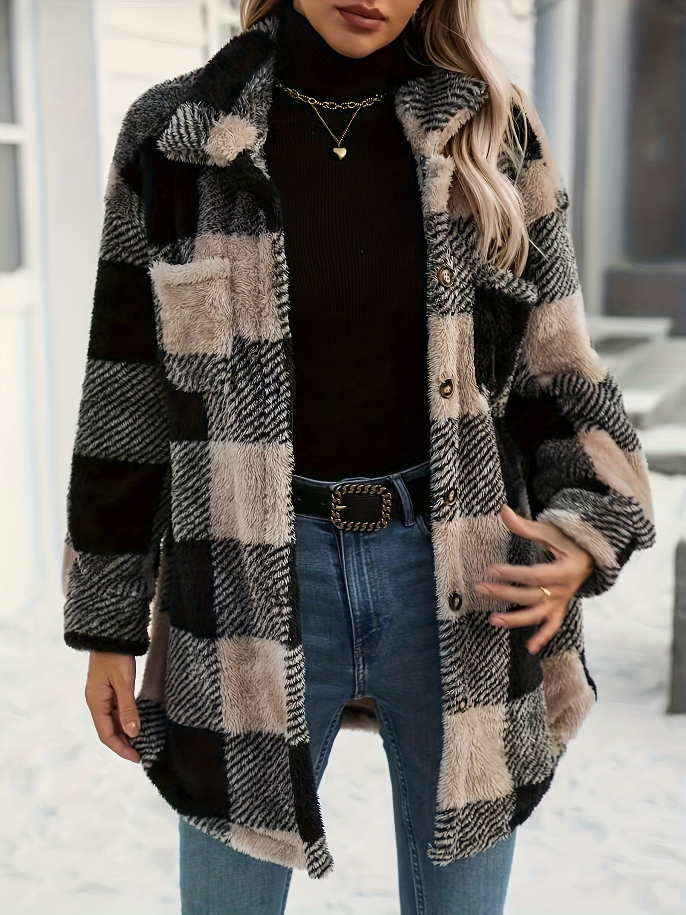Plaid Fleece Long-Sleeve Coat for Women