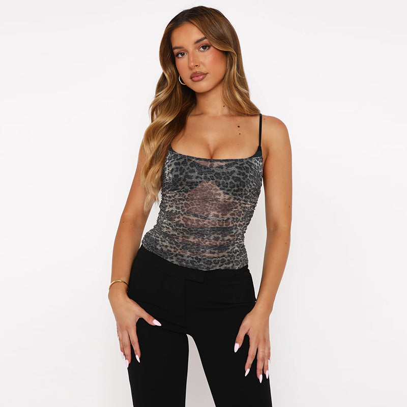 Leopard-Print Mesh Layered Camisole Top