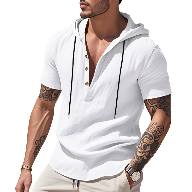 Breathable Linen Hooded Henley Short-Sleeve Shirt