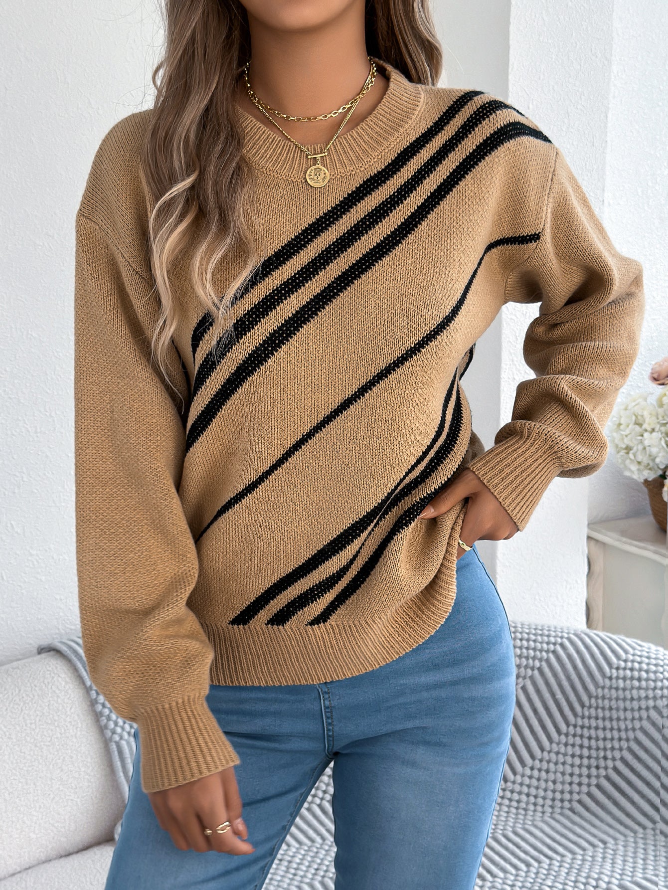 Striped Round-Neck Lantern Sleeve Sweater for Women