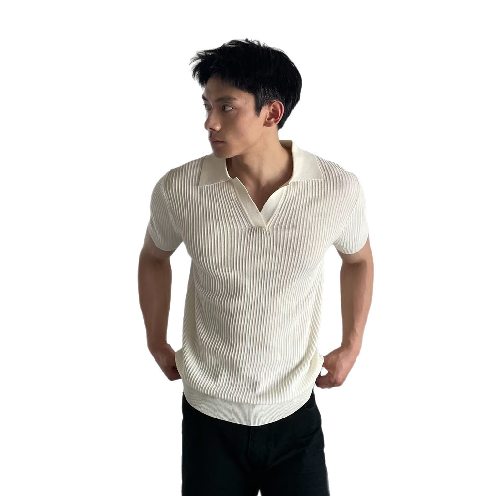 Men’s Slim-Fit V-Neck Short-Sleeve Knit with Striped Collar