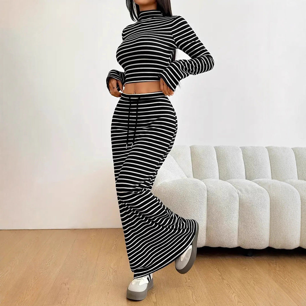 Striped Half-Turtleneck Top & Drawstring-Waist Long Skirt Set