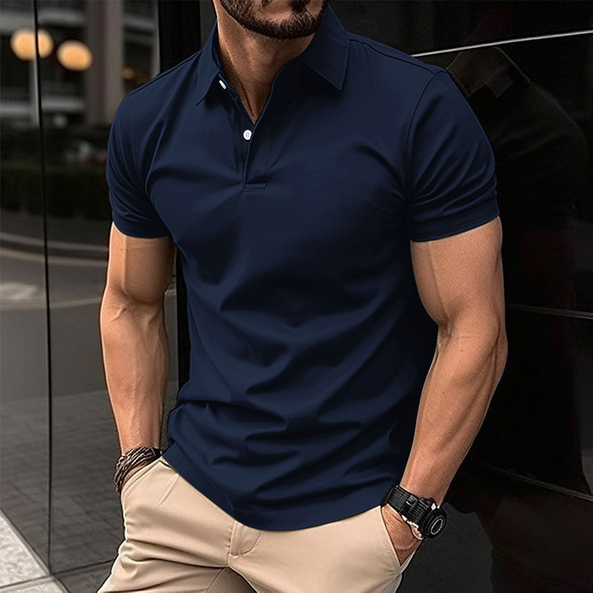 Solid-Color Short-Sleeve Polo Shirt for Men