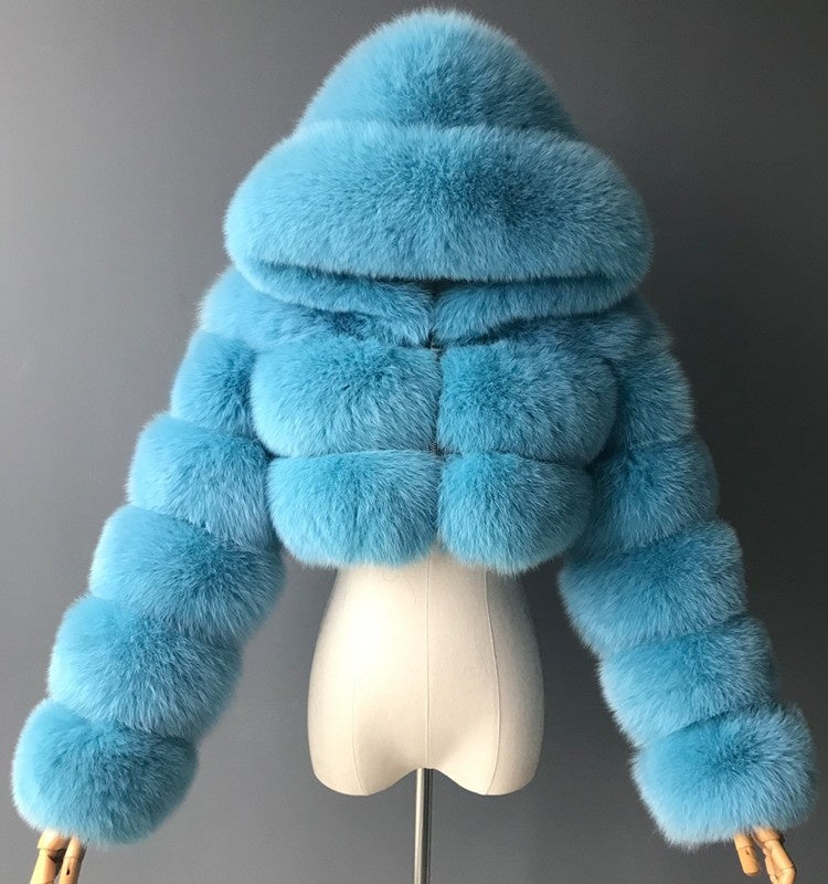 Short Hooded Faux Fur Coat