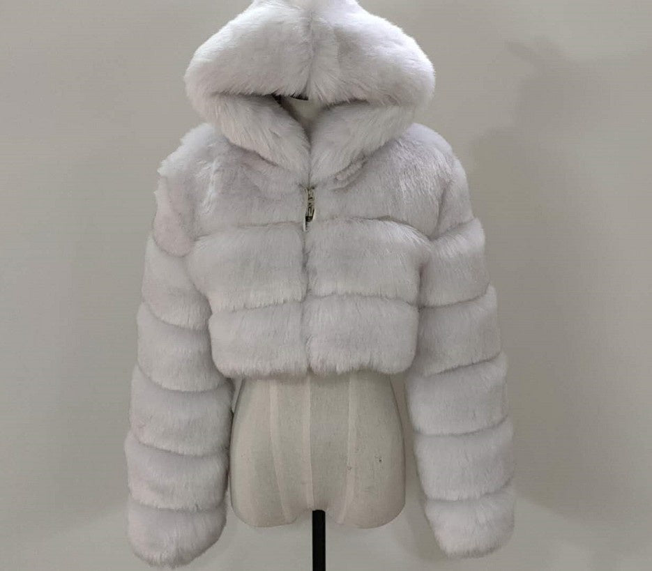 Short Hooded Faux Fur Coat