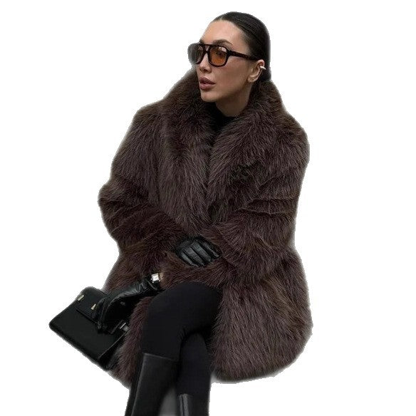 Soft Mid-Length Faux Fur Coat with Peter Pan Collar