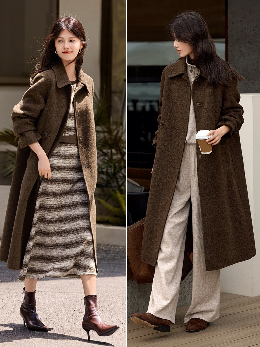 Elegant Small-Lapel Double-Faced Wool Mid-Length Coat
