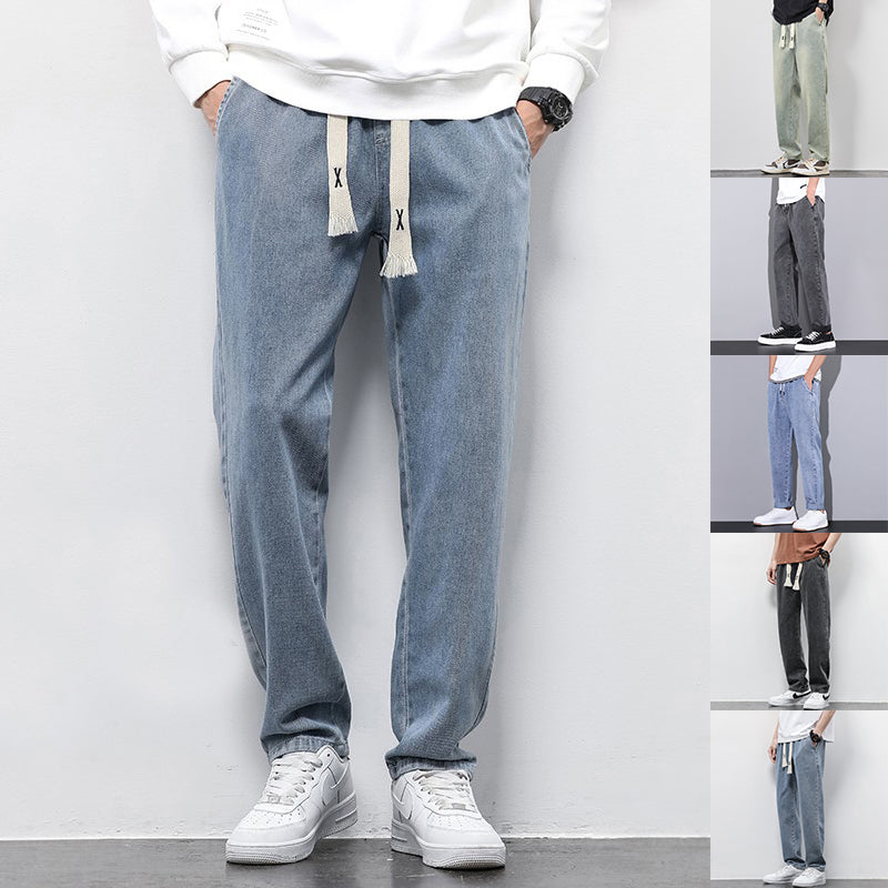 Summer Men's Loose Wide-Leg Jeans – Drawstring Elastic Waist Straight Trousers
