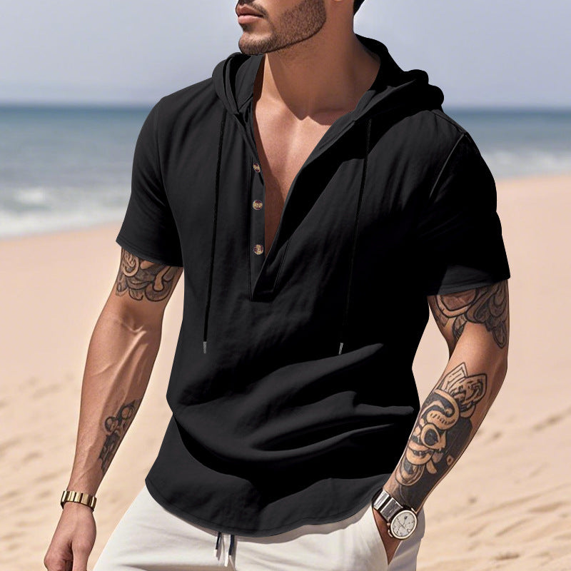 Breathable Linen Hooded Henley Short-Sleeve Shirt