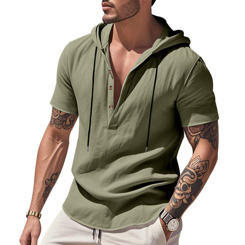 Breathable Linen Hooded Henley Short-Sleeve Shirt