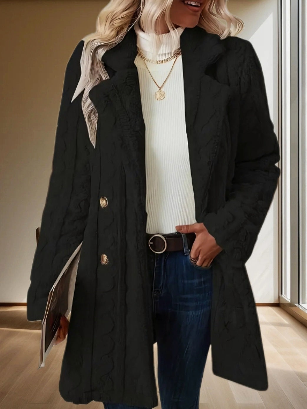 Insulated Double-Breasted Mid-Length Suit-Collar Coat