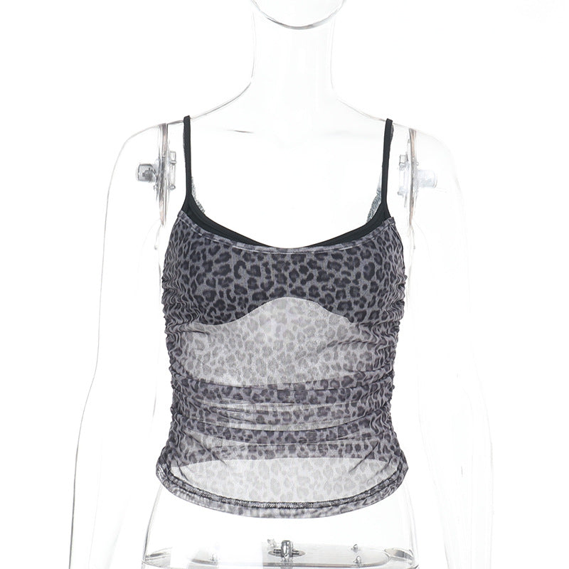 Leopard-Print Mesh Layered Camisole Top