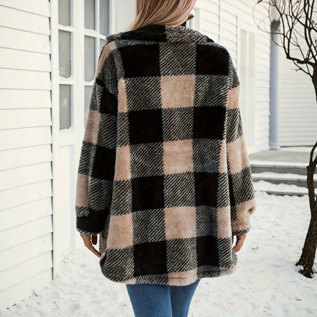Plaid Fleece Long-Sleeve Coat for Women