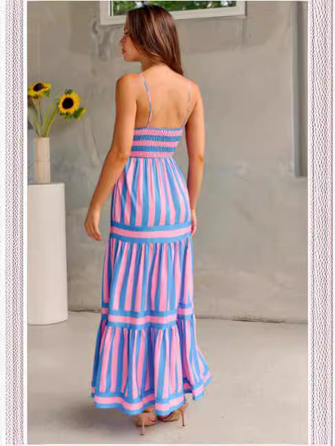 Striped Suspender Long Dress with Pockets