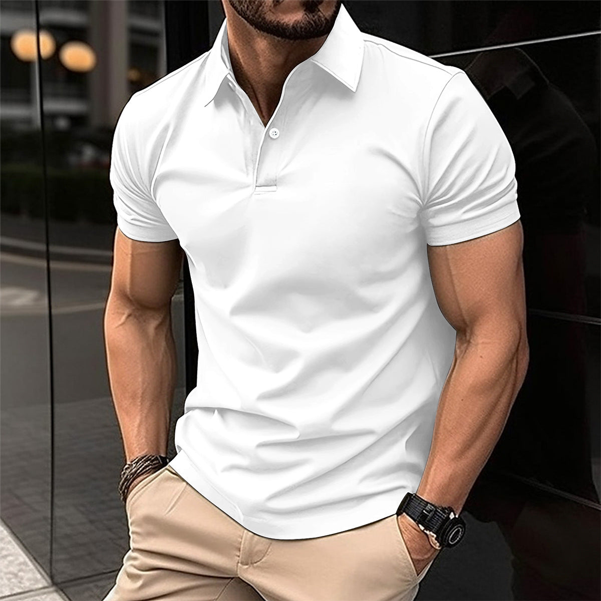 Solid-Color Short-Sleeve Polo Shirt for Men