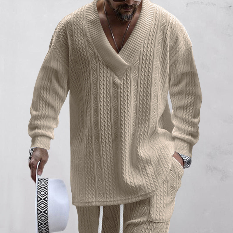 European & American Style Loose-Fit Jacquard V-Neck Knit Sweater for Men