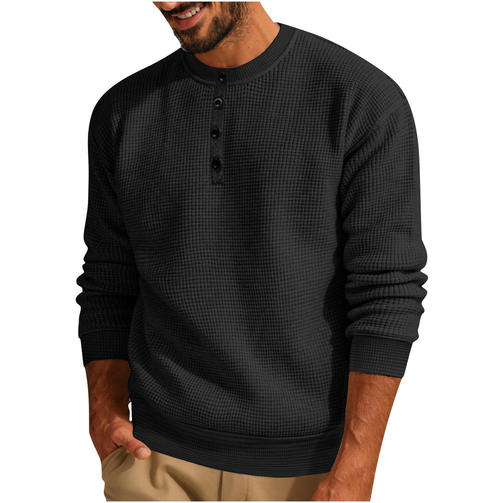 Solid-Color Loose Waffle Henley Shirt
