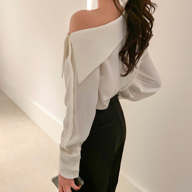 Solid-Color Off-Shoulder Button-Down Shirt for Women