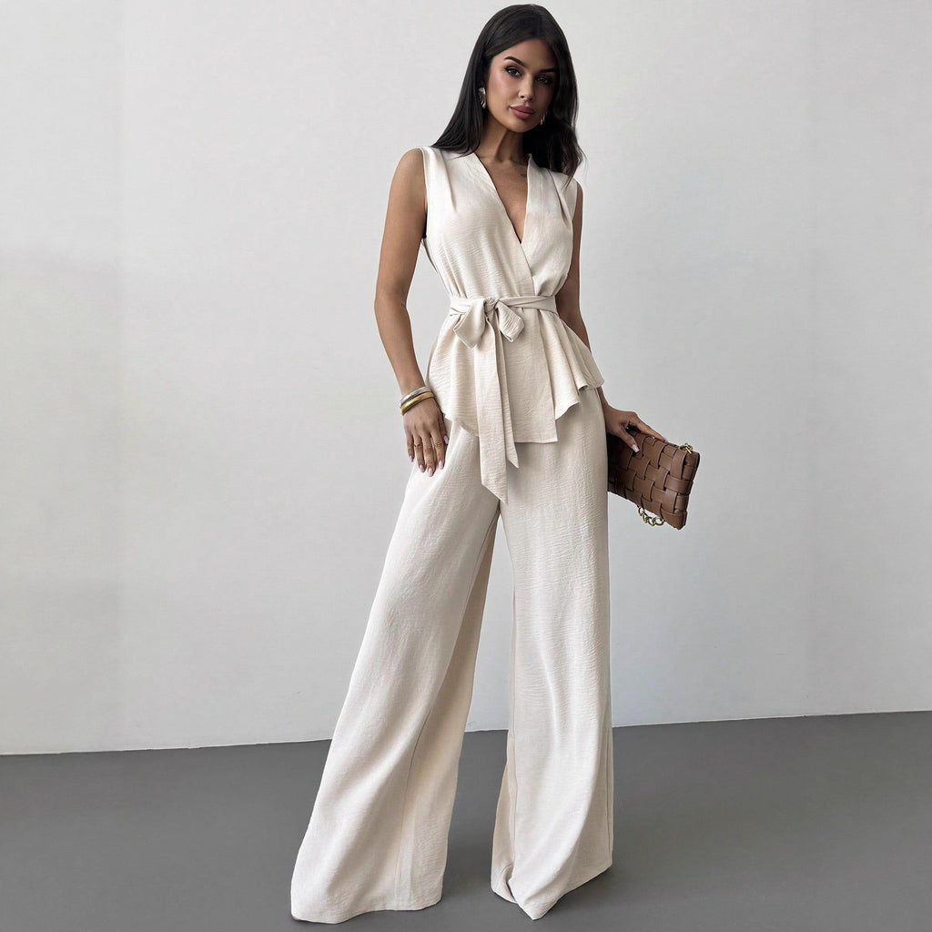 Lace-Up V-Neck Vest & Pants Two-Piece Set