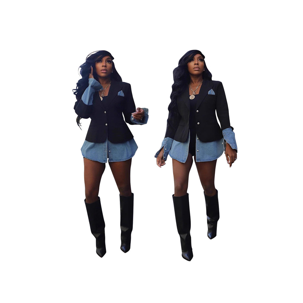 Casual Patchwork Denim Blazer for Women